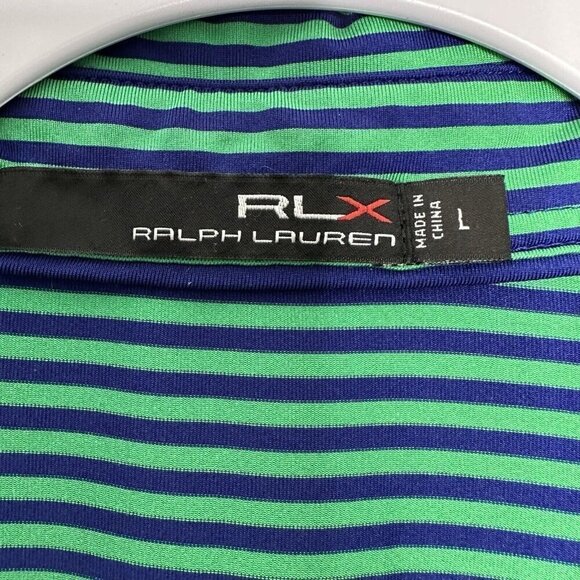 RLX Ralph Lauren Polo Shirt Size L Striped Performance Golf Stretch Green Blue - Picture 4 of 11
